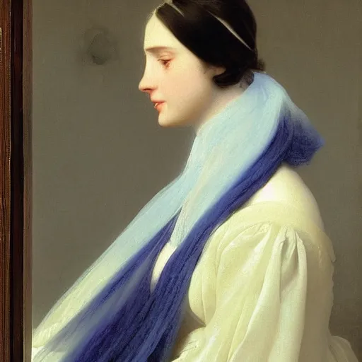 Image similar to a young woman’s face, her hair is white, she wears a long flowing blue satin veil, by ivan aivazovsky and pieter claesz and paul delaroche and alma tadema and august malmstrom and and willen claesz heda and aelbert cuyp and gerard ter borch, detailed, hyperrealistic, volumetric light, rendered in octane, rendered in redshift