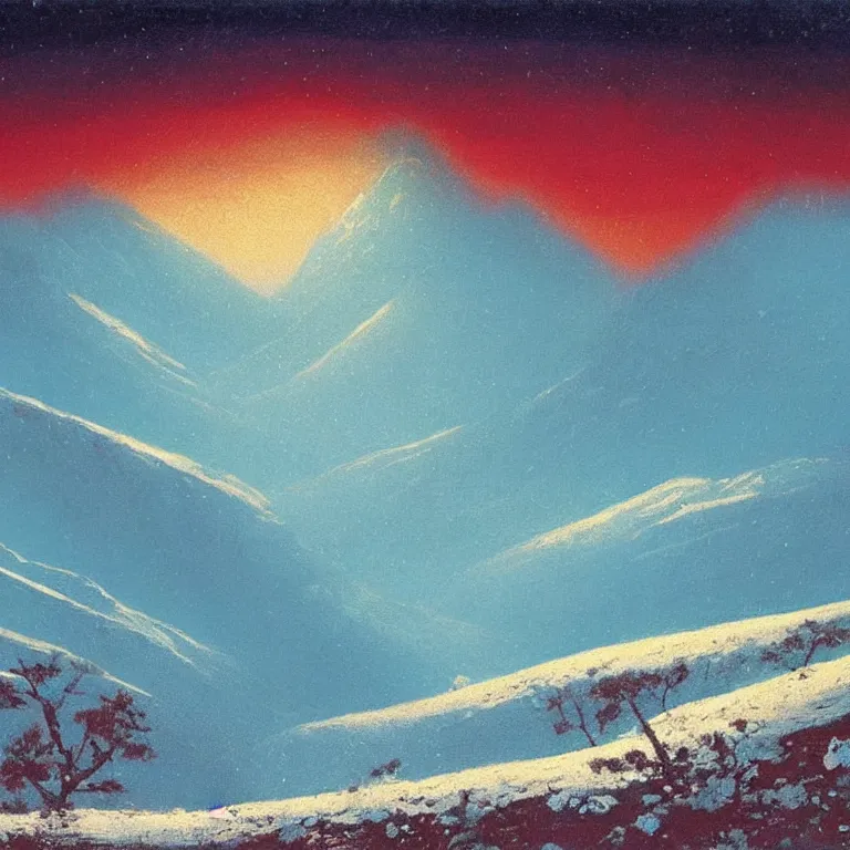 Prompt: caucaus mountains, winter, night, luminous, teal palette, arkhip kuindzhi, glaze oil painting, christian mysticism