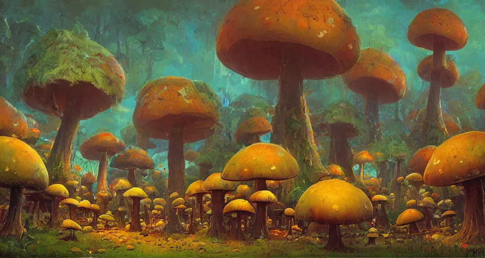 Image similar to A tribal village in a forest of giant mushrooms, by PAUL LEHR ,