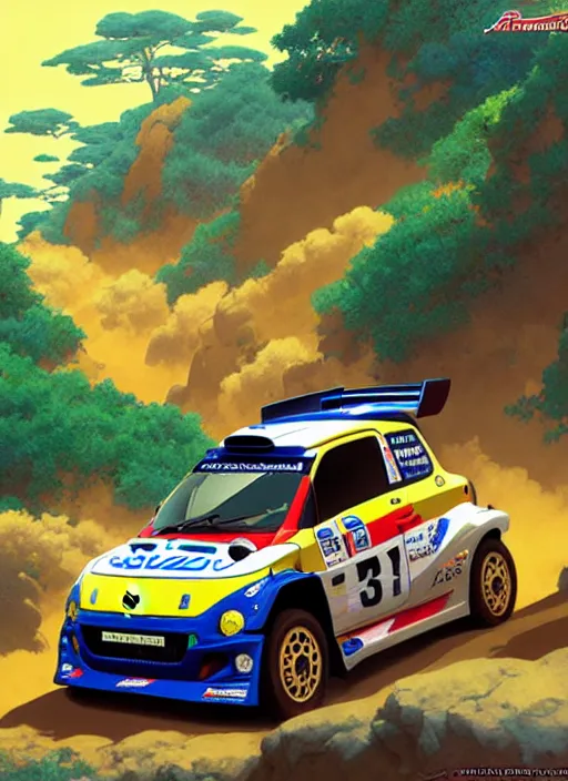 Prompt: suzuki pikes peak rally car, natural lighting, path traced, highly detailed, high quality, digital painting, by don bluth and ross tran and studio ghibli and alphonse mucha, artgerm