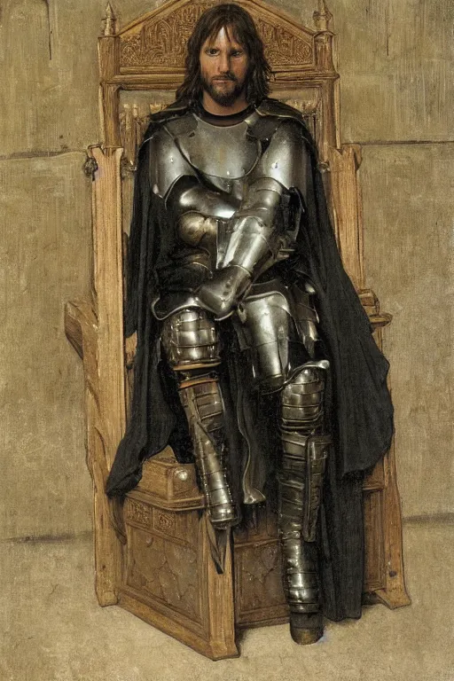 Prompt: aragorn with medieval armour, sit on throne, bouguereau