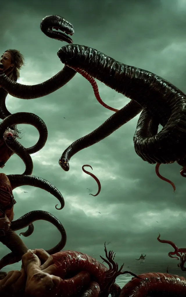 Image similar to pirates fighting giant screaming worm, cinematic atmosphere, maximized, high detail, 8k, ornate, dark fantasy, masterpiece, complex, film still from the movie directed by Denis Villeneuve