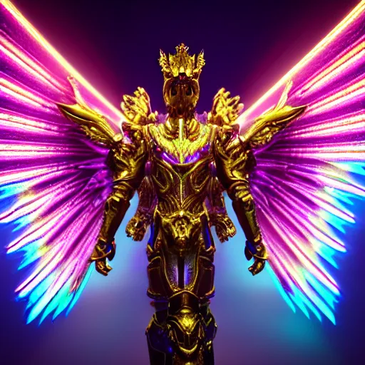 Prompt: a photo of 8 k hyper realistic, octane render archangel with white iridescent wings, full body, intricate purple and yellow neon armor, ornate, standing on front of huge megastructure red doors of heaven, with sword of fire, magical atmosphere, cinematic lighting, trending on artstation, 4 k, hyperrealistic, focused, high details, unreal engine 5