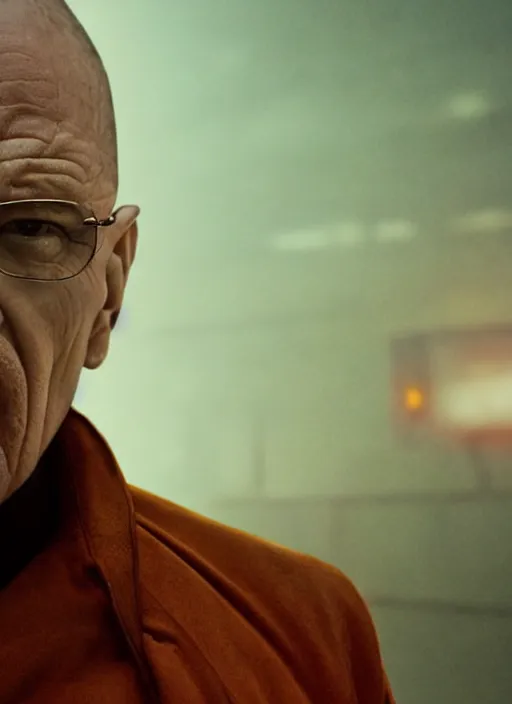 Image similar to a close - up, color cinema film still of walter white in blade runner 2 0 4 9, cinematic lighting at night.