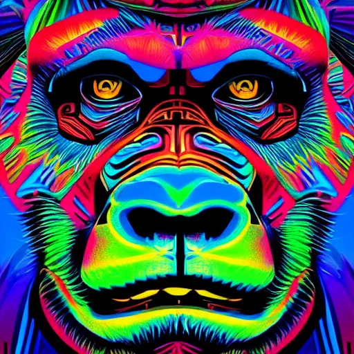 Prompt: a psychedelic neon technicolor portrait illustration of a gorilla in geometric kaleidoscopic colors trending on artstation 4 k intricate extremely detailed digital art