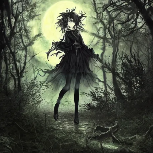 Image similar to goth woman in a moonlight view, in a forest, a river, tankoban, 4 k, tone mapping, akihiko yoshida, james jean andrei riabovitchev marc simonetti, yoshitaka amano, long hair, curly, h. hydrochaeri