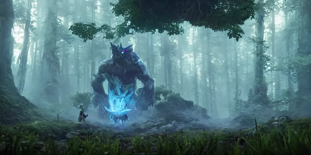 Image similar to gamekeeper hunting for mystical forest monster. realism in style of fornite game. bio luminescent, plasma, ice, water, wind, creature, artwork by tooth wu and wlop and beeple and greg rutkowski, epic cinematic shot, perfectly defined features, ambient occlusion