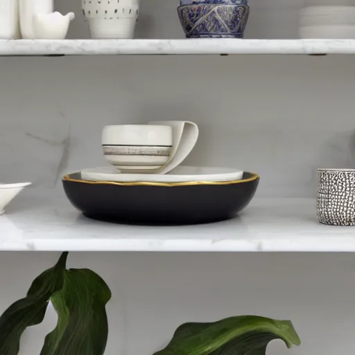 Image similar to ceramic bowl and plate on a marble shelf