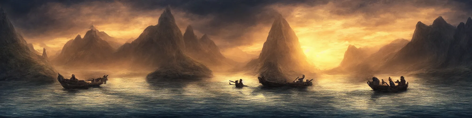 Prompt: a beautiful hobbit boat sailing over a river in middle east during sunset, cartoon, trending on artstation, award winning, moody light,