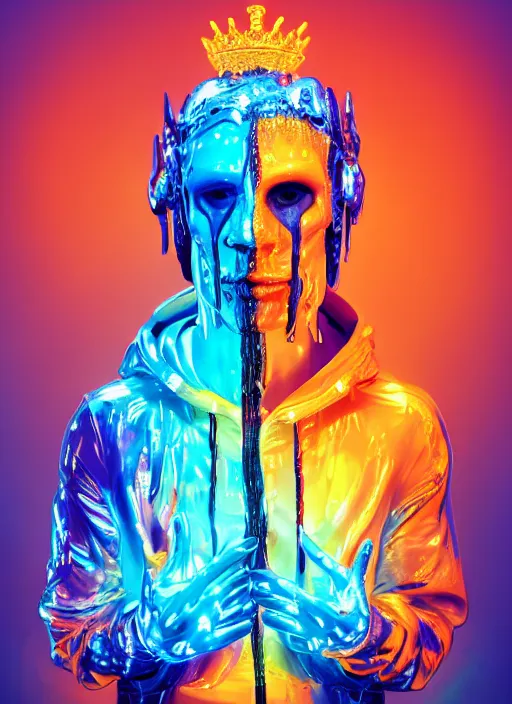 Image similar to photo of fullbodied baroque and bladerunner neon drippy tar sculpture of seductive ceramic albino ceramic prince brian whittaker dotado lavendar iridescent humanoid deity wearing orange plastic fluffy hoody holding diamond skull in a blue alien dungeon, reclining, glowing rainbow face, crown of white diamonds, cinematic lighting, photorealistic, octane render 8 k depth of field 3 d