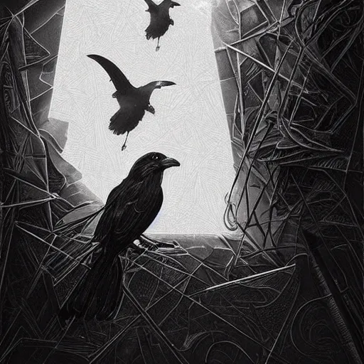 Image similar to a simple crow painting by Android Jones and M. C. Escher collaboration, futurist, digital art, dramatic lighting