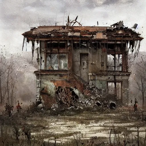 Image similar to painting of a abandoned post soviet town infested with humanoid root monsters by jakub rozalski