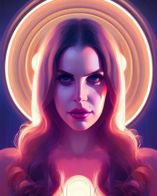 Image similar to symmetry portrait of lana del rey, glam, deco, glowing lights intricate, elegant, highly detailed, digital painting, artstation, concept art, smooth, sharp focus, illustration, art by artgerm and greg rutkowski and fra angelico and alphonse mucha