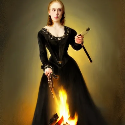 Image similar to a beautiful young woman, pale skin, black long hair, aristocrat, black expensive dress from 1 8 6 0, holding a rifle, illuminated by campfire, oil painting, digital art, studio photo, realistic, artstation, high quality, wild west