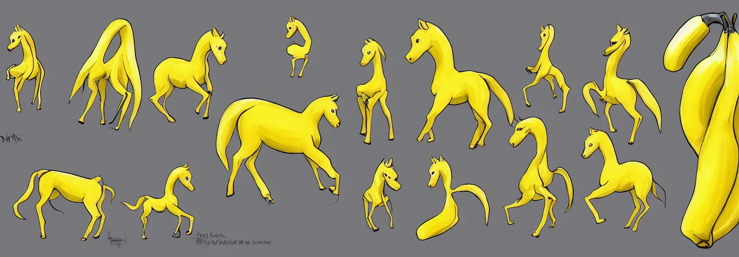 Prompt: banana horse character design sheet