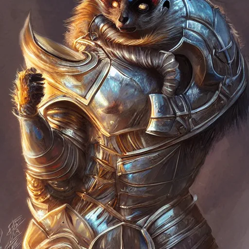 Prompt: lemur in knight armor, sun in the background, intricate, elegant, fantasy, highly detailed, digital painting, artstation, concept art, smooth, sharp focus, illustration, art by artgerm