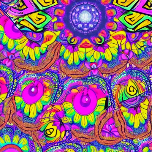 Prompt: Liminal space in outer space, Groovival aesthetic, hippie motifs, flower power motifs, with bright psychedelic shapes