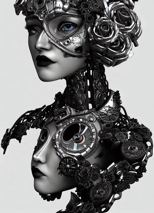 Image similar to black and white dreamy profile face portrait, one silver steampunk eye biomechanical beautiful angelic young female cyborg - robot bust, body ribs meshes,, volumetric light, hibiscus flowers, rim light, big gothic fashion pearl embroidered collar, 1 9 3 0, 8 k