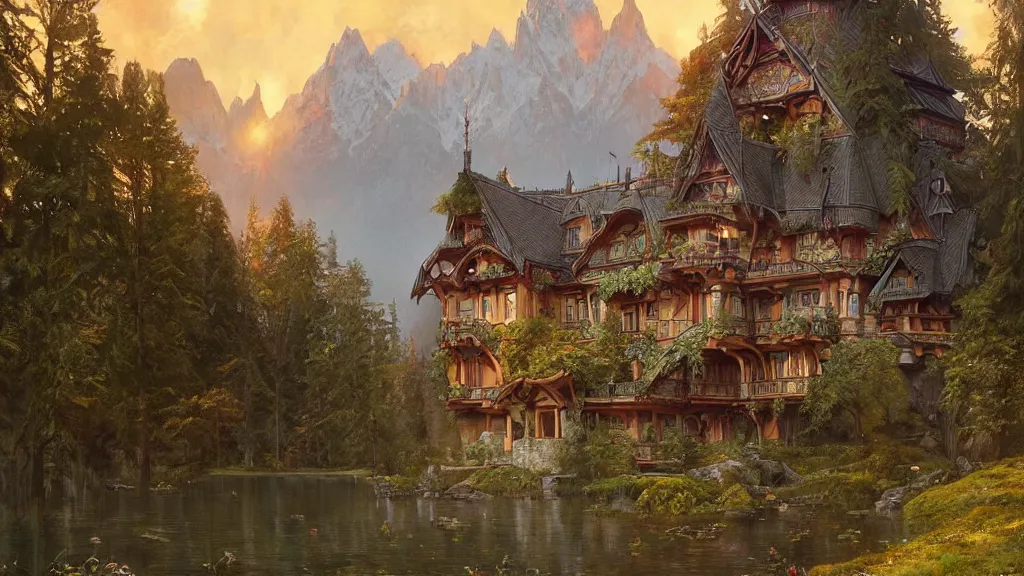 Image similar to a beautiful painting of art nouveau swiss chalet elven rivendell at sunrise in the distant mountains, intricate, elegant, highly detailed, digital painting, artstation, concept art, by krenz cushart and artem demura and alphonse mucha