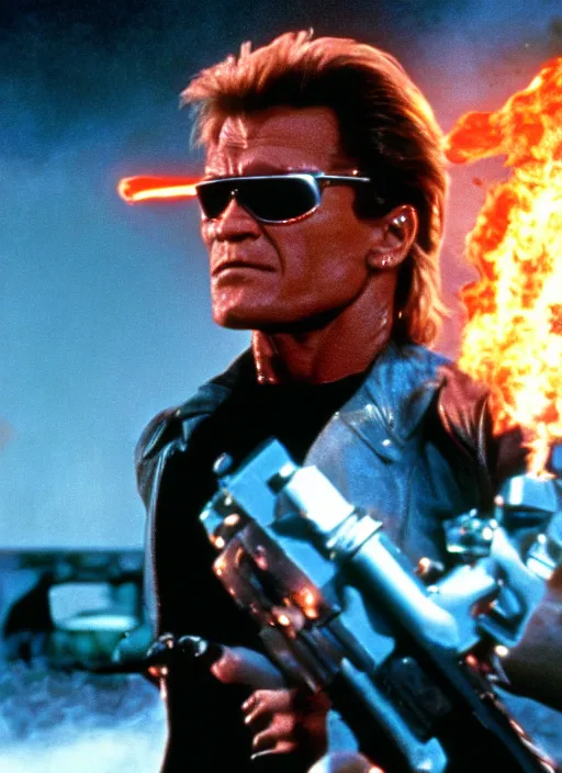 Image similar to film still of Patrick Swayze as The Terminator in Terminator, 4k