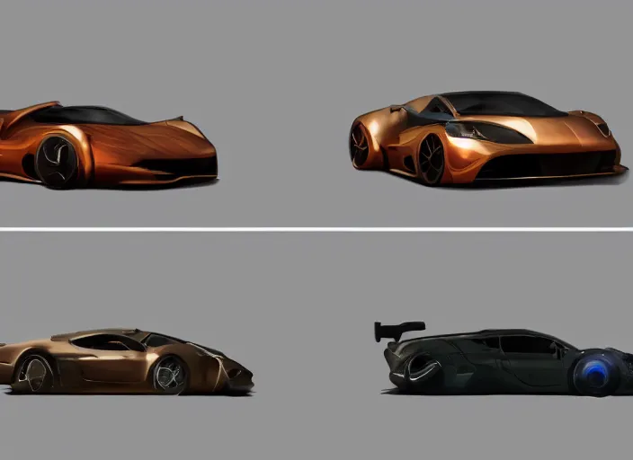 Image similar to combine some random sport cars as one with bronze paint, in a clean engineering sci - fi workshop, concept art style by pablo carpio. global illumination. full view.