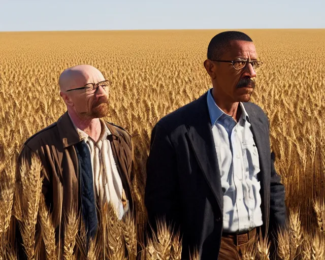 Image similar to extreme long shot of walter white and gustavo fring standing in front of each other from a distance in a wheat field, low angle, side view, 8 5 mm photograph, 8 k resolution, wide shot, sharp lens