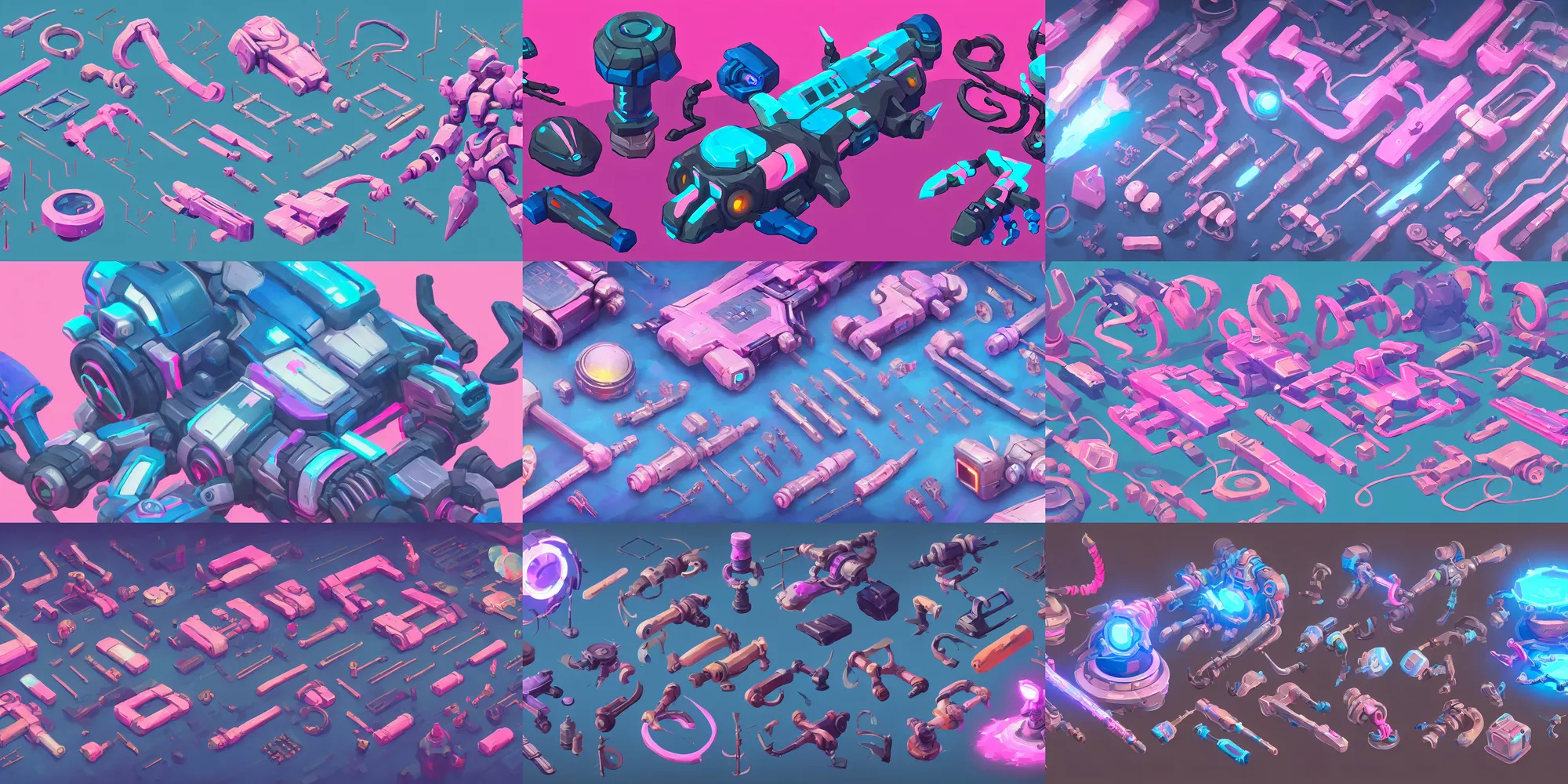 Prompt: game asset of electronic components, in gouache detailed paintings, props, stylized, 2 d sprites, kitbash, arcane, overwatch, blue and pink color scheme, 8 k, close up