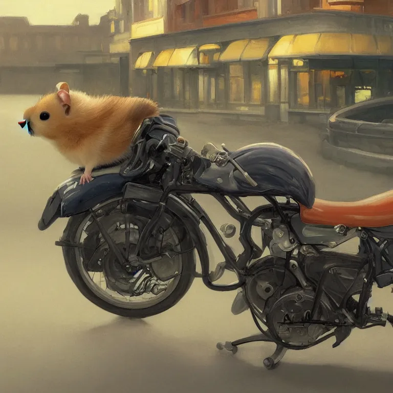 Image similar to a storybook illustration of a cute hamster riding a racing motorcycle, quiet night foggy scene painted by Edward Hopper masterpiece, intricate, elegant, fantasy, highly detailed, digital painting, concept art, sharp focus, artstation