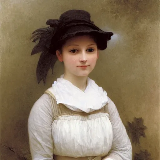 Image similar to An anthropomorphic fox woman wearing a white sunbonnet, portrait by Robert Cleminson and William-Adolphe Bouguereau
