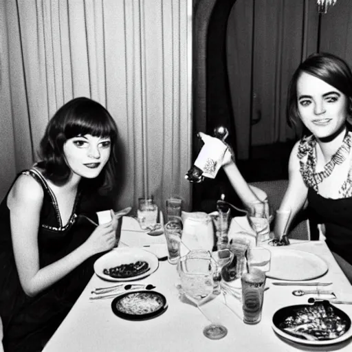 Prompt: b & w photo of emma stone and emma watson having dinner in the 1 9 7 0 s,