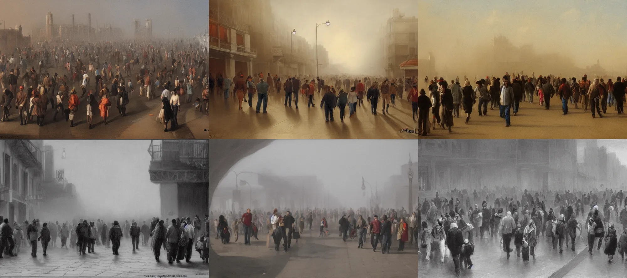 Prompt: Crowd of people walking in Mar del Plata by Alex Horley , ortographic, volumetrig fog