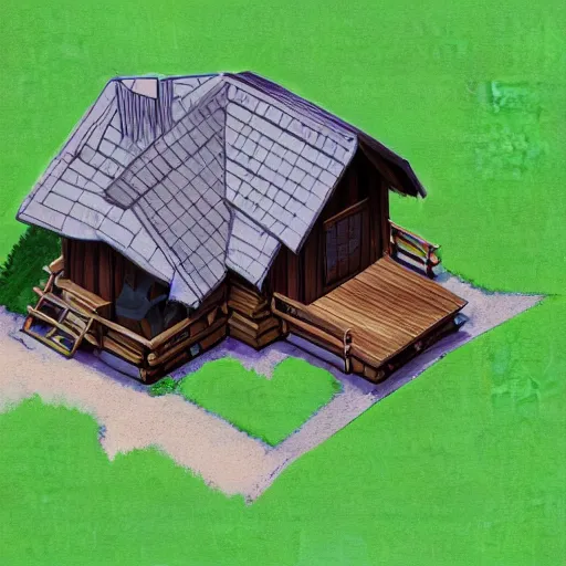 Image similar to concept art of a cabin in the woods, isometric view, unreal engine