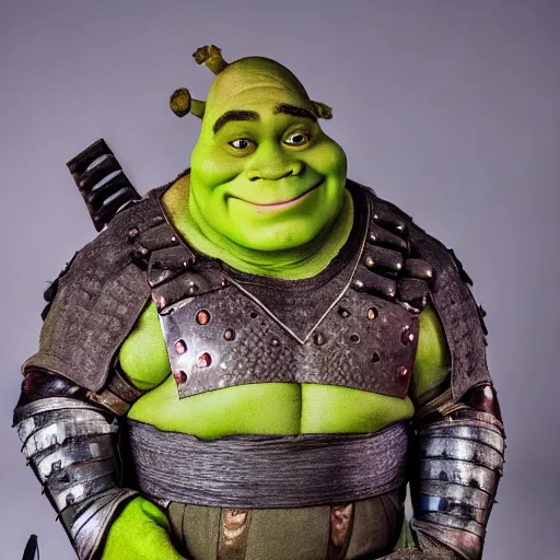 Prompt: photo of shrek using samurai armor