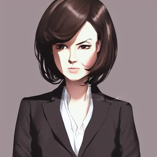 Image similar to woman in black business suit, light brown neat hair, pixiv, fanbox, trending on artstation, portrait, digital art, modern, sleek, highly detailed, formal, serious, determined, lawyer, colorized, smooth, charming, pretty, safe for work