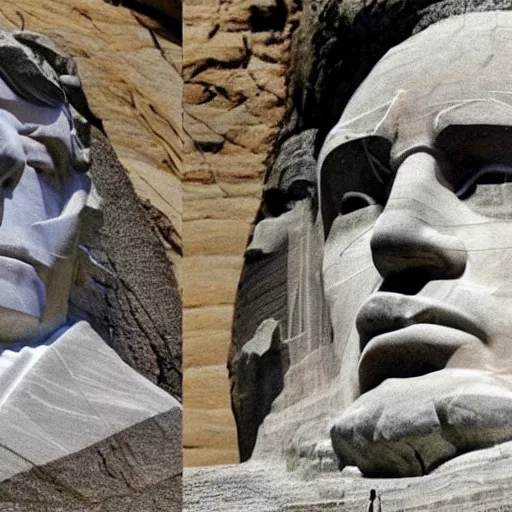 Prompt: donald trump's face carved into the rock on mount rushmore. the photo clearly depicts donald trump's facial features next to other former presidents, at a slightly elevated level, depicting his particular hair style carved into the stone at the mountain top, centered, balances, regal, pensive, powerful, just