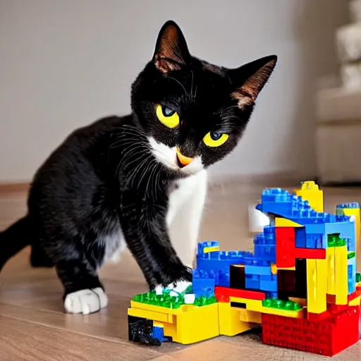 Image similar to a cat destroying a lego city