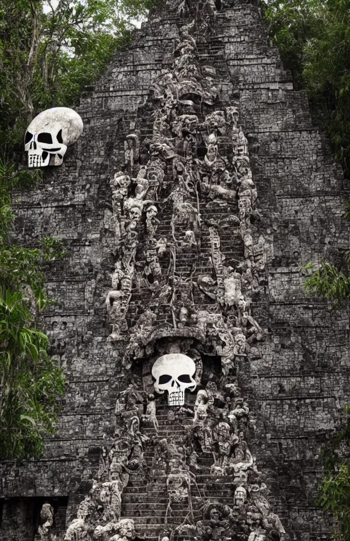 Image similar to mayan temple in form of punisher skull. background jungle