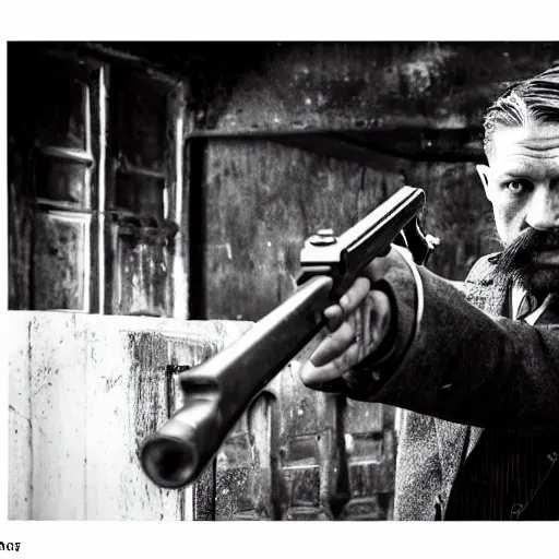 Prompt: a scene from peaky blinders, medium shot, tom hardy firing a shotgun, sharp eyes, serious expressions, detailed and symmetric faces, black and white, epic photo, action cover by talented photographer ansel adams