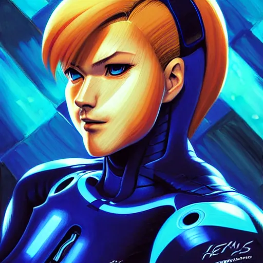 Image similar to head and shoulders portrait of Zero Suit Samus, illustration, medium shot, intricate, elegant, highly detailed, digital art, sharp lines, ffffound, art by Fernanda Suarez and Greg Manchess and Sachin Teng