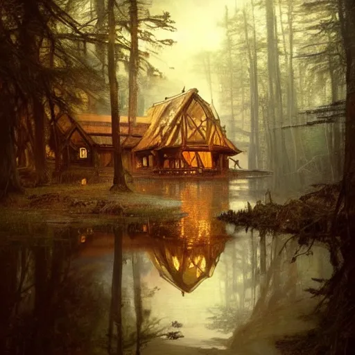 Prompt: a beautifull intricate painting of a log cabin in a dark fantasy forest, reflections, very high details by william turner art, greg rutkowski and alphonse mucha, trending on artstation, very very detailed, masterpiece,