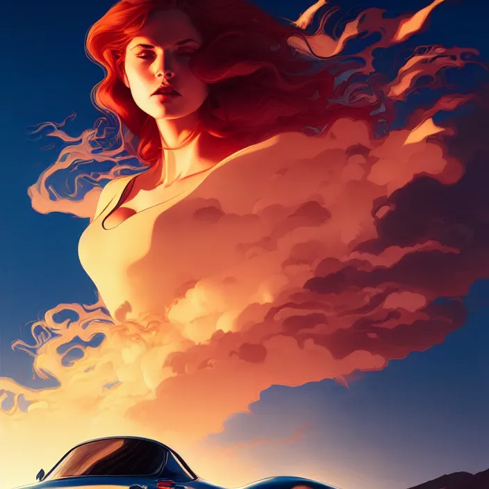 Prompt: style artgerm, joshua middleton : : porsche : : [ detailed, volcano setting ] : : cinematic lighting : :