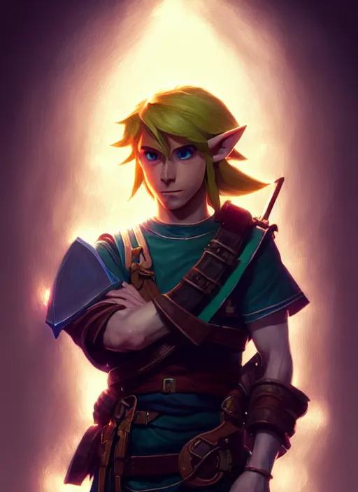 Image similar to portrait of link from the legend of zelda, intricate, elegant, glowing lights, highly detailed, digital painting, artstation, concept art, sharp focus, illustration, art by wlop, mars ravelo and greg rutkowski