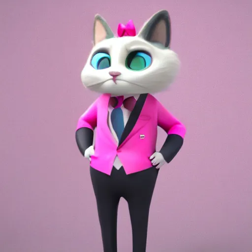 Image similar to 3d render , anthropomorphic cat, wearing a Pink tux, in the style of Zootopia