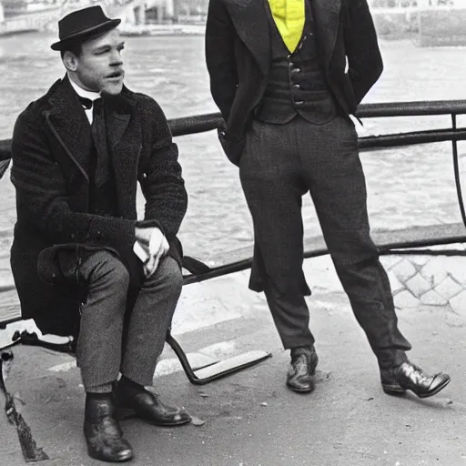 Image similar to mcgregor is dressed as a gentleman at early 2 0 th century paris. he is having a coffee at the banks of river seine. ewan mcgregor has a coffee cup on his hand. next to him is a small brown cat with yellow glowing eyes, by jack kirby