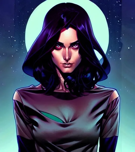 Image similar to artgerm, joshua middleton comic cover art, pretty friendly sweet kind phoebe tonkin eye of horus painted under left eye, young, attractive, slim, she has very pale skin long black hair, she prefers to dress casually and she wears black clothing