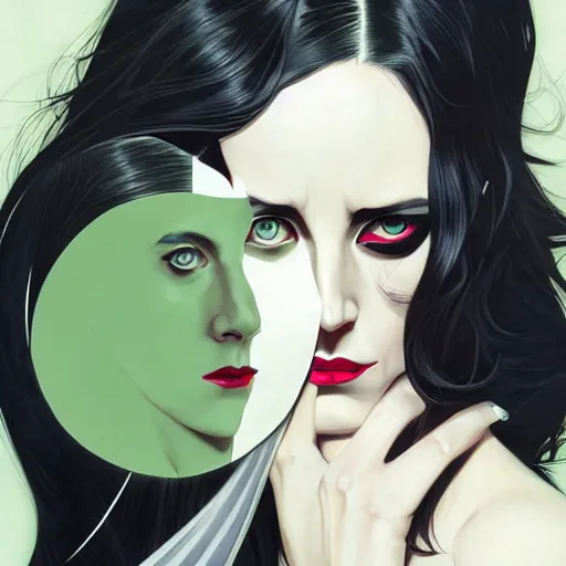 Image similar to Joshua Middleton comic art, wide shot, stunning elegant female Eva Green, spy, kabuki mask, beautiful evil sneer, symmetrical face, symmetrical eyes, leather clothing and boots, long straight green black hair, full body, Midnight pattern