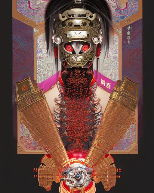 Image similar to portrait of a chinese cyberpunk machine, machine face, arms, upper half portrait, decorated with chinese opera motifs, regal, asian, fine china, wuxia, traditional chinese art intricate intense elegant 京 剧 highly detailed digital painting artstation concept art smooth sharp focus illustration, art by artgerm and greg rutkowski alphonse mucha 8 k