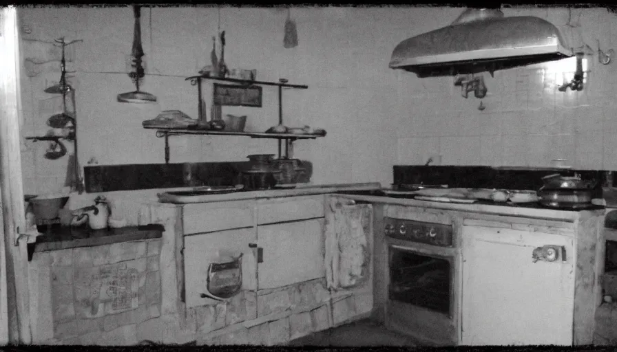 Prompt: a big snake in a stalinist style kitchen, by mini dv camera, very very low quality, heavy grain, very blurry, accidental flash, webcam footage, found footage, security cam, caught on trail cam