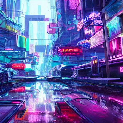 Image similar to a humongous neon city abandoned on a cyberpunk biome, digital art, wet reflections, intricate details, fantasy, hyper realism, humongous view, rtx, smooth, cinematic