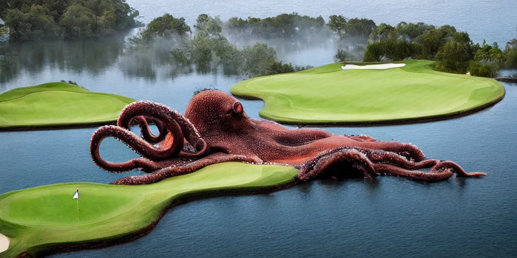 Image similar to a great photograph of the most amazing golf hole in the world, surrounded by water, giant octopus, ambient light, golf digest, top 1 0 0, fog